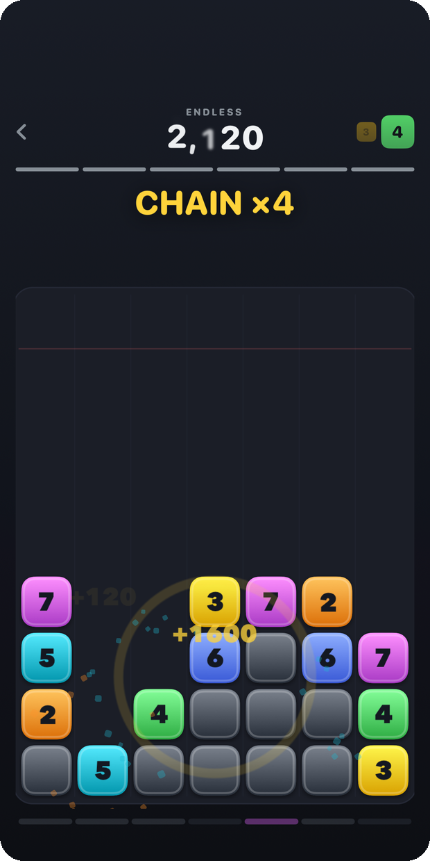 Countdrop gameplay: a chain of four clearing on a seven-column board