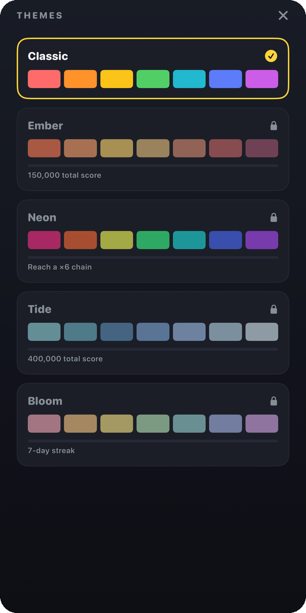 The theme picker showing five colour palettes, some locked with progress bars
